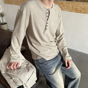 Tian 简约新款 单排扣老钱风亨利领纯色长袖 男秋季 T恤打底衫 Nick