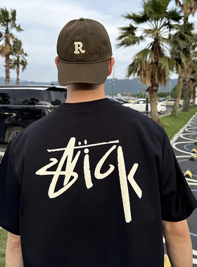 Nick Tian 背后字母印花黑色短袖男夏季新款美式高街休闲宽松百搭