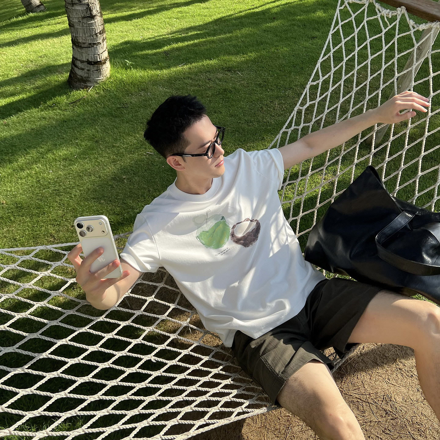 Nick Tian 原创自制椰子油画印花短袖T恤男夏季新款休闲圆领上衣