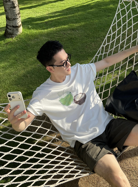 Nick Tian 原创自制椰子油画印花短袖T恤男夏季新款休闲圆领上衣