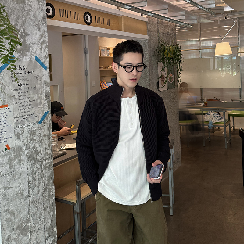 NickTian条纹肌理拉链毛衣外套