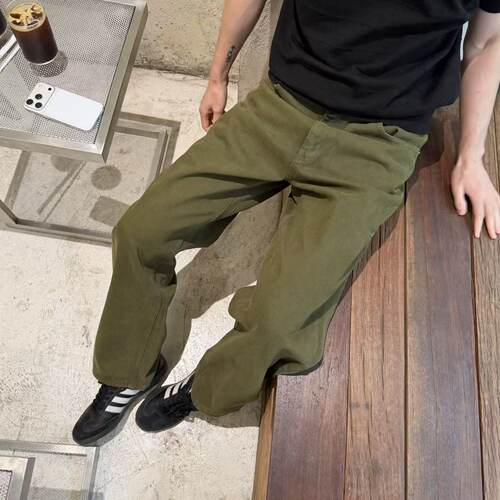 自制秋冬宽松直筒休闲绿色牛仔裤