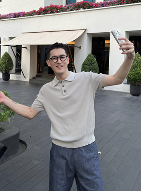 Nick Tian 老钱风高级感单排扣翻领Polo领冰丝针织短袖男夏季上衣