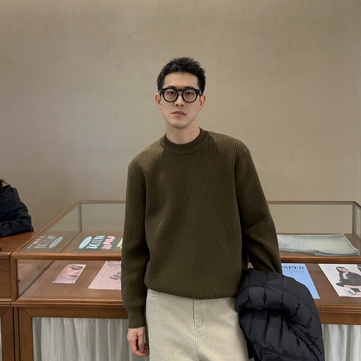 NickTian咸菜绿肌理感针织衫男