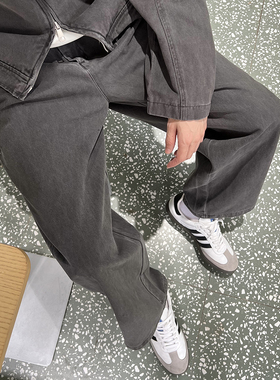 nick tian 美式复古水洗做旧灰色弯刀牛仔裤男秋季直筒宽松长裤子