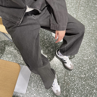 tian 直筒宽松长裤 美式 男秋季 子 复古水洗做旧灰色弯刀牛仔裤 nick