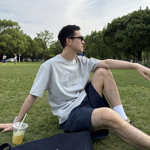 Tian 美式 极简重工刺绣字母短袖 新款 休闲宽松百搭 T恤男夏季 Nick