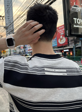 Nick Tian 粗条纹短袖T恤男夏季新款美式休闲小众设计感宽松上衣