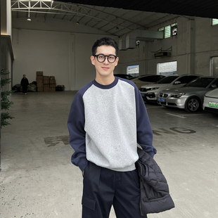 圆领卫衣男秋冬撞色休闲宽松上衣 加绒加厚拼色插肩袖 Nick Tian