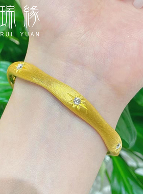 5D工艺足金999六芒星拉丝黄金手镯女ins风时尚百搭首饰送女友礼物