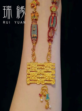婚嫁黄金项链足金999素金手工錾刻古法金双喜大吊坠囍字挂件送礼