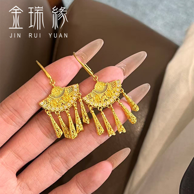 古法黄金点钻苗疆少女耳钩足金999纯金耳饰耳钉2026款送女友礼物