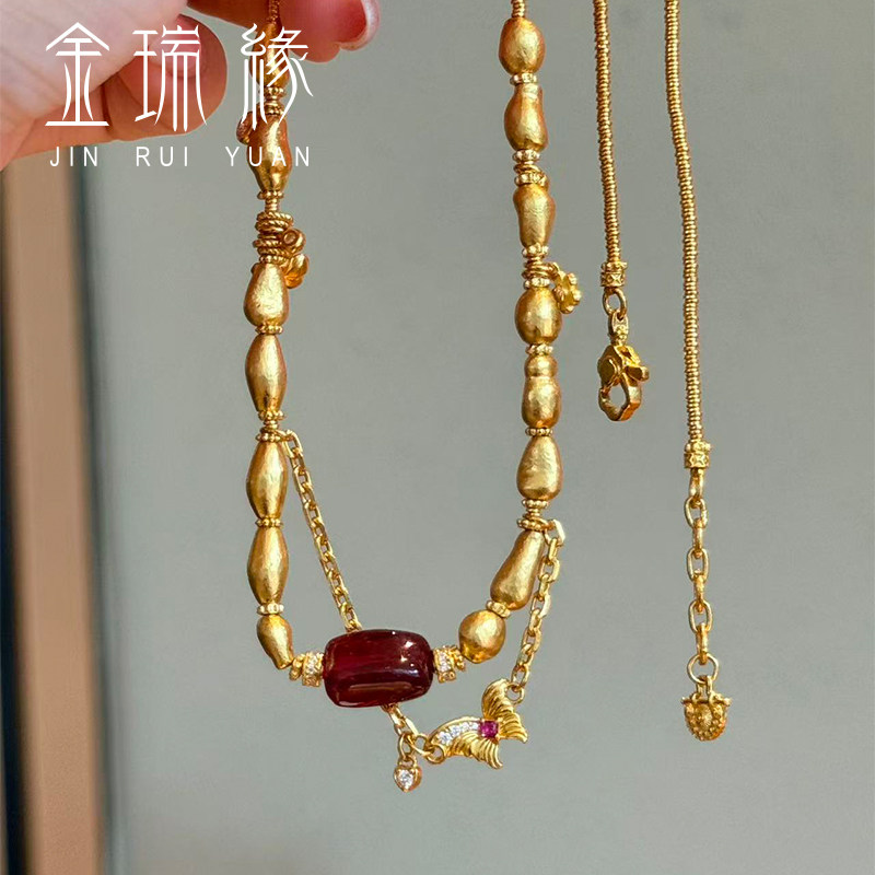 古法黄金蝴蝶项链女999足金天然碧玺镶嵌串珠颈饰纯金送老婆礼物