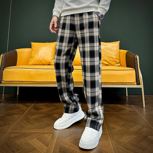 亿姐男装2025男装男士冬季高端轻奢舒适加厚加绒休闲格子裤