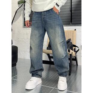 语乐服饰 26302复古水洗掐褶牛仔裤冬季直筒裤松紧腰长裤