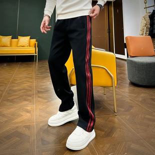 亿姐男装 男士冬季高端轻奢时尚潮流舒适撞色加厚加绒直筒休闲裤
