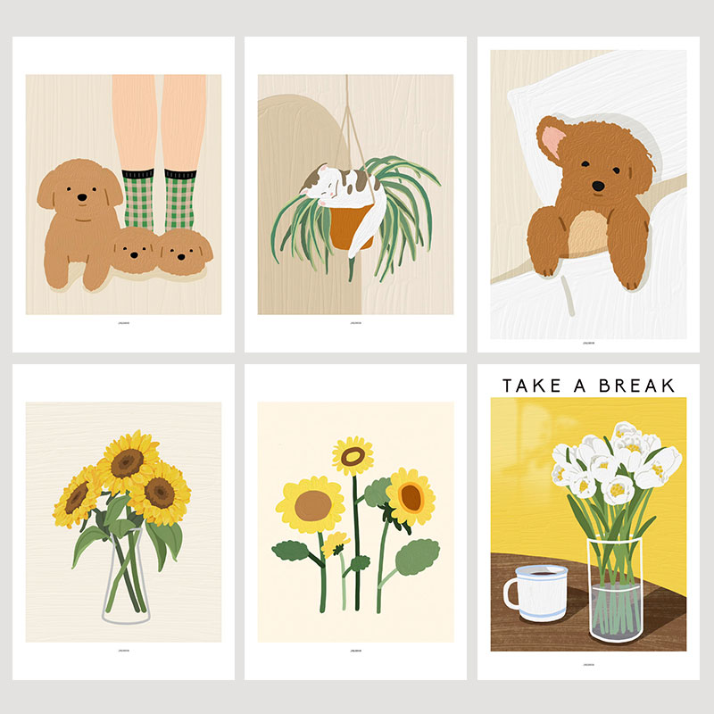 自粘画小众韩系贴画生活午后手绘猫咪睡觉向日葵的画花卉装饰芯