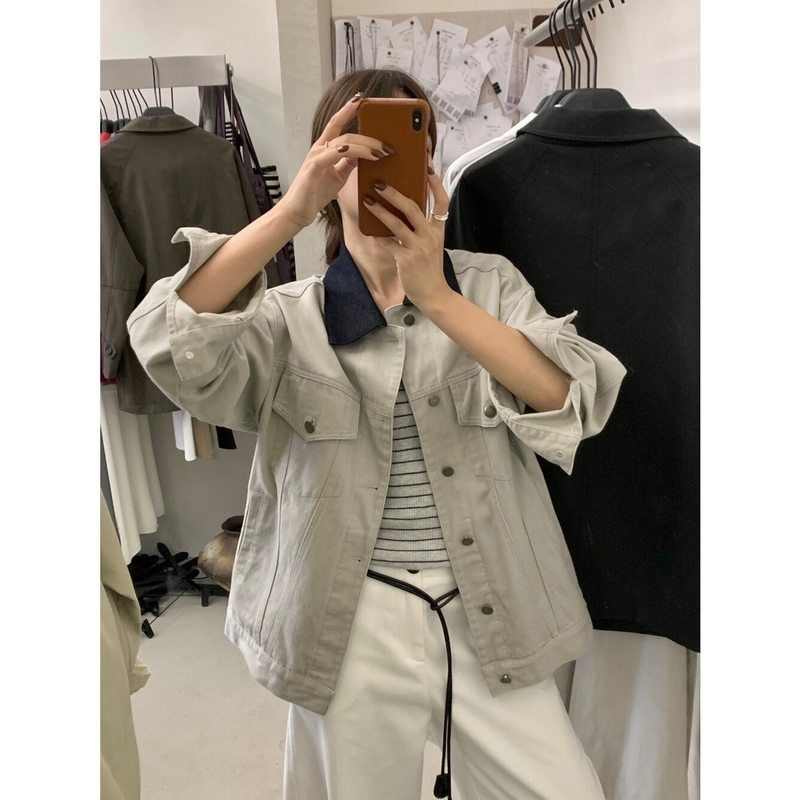 宽松落肩袖撞色领洗水】女装正品