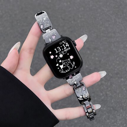 适用苹果S10表带s11可爱涂鸦小猫金属皓石applewatchs9/s8/7/6/5/手镯链式Se3苹果手表ss10小众ultra3替换带