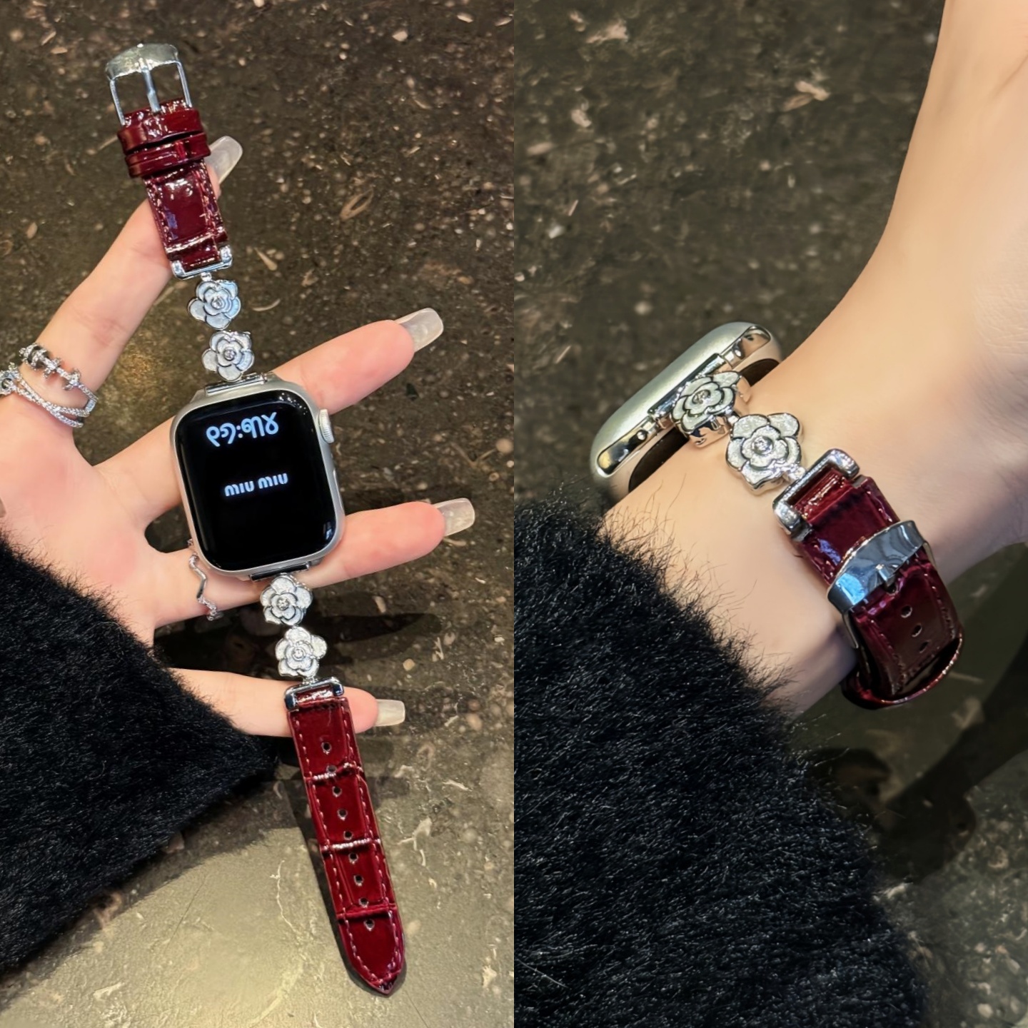 适用苹果iwatch鎏金山茶花皮表带