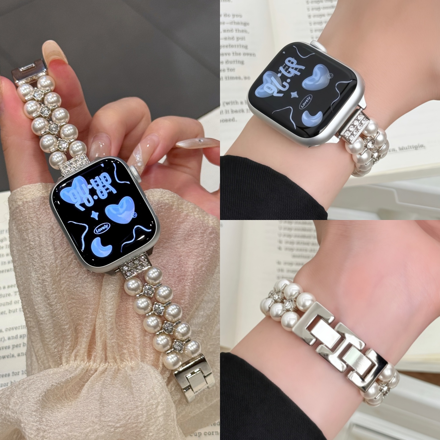 云顶适用苹果iwatch闪钻珍珠表带