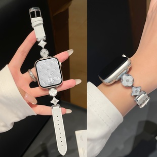 适用iwatch10表带S11皮质S9苹果手表带applewatch9表带s8女生小香风四叶草拼接皮s7代6/5/4创意se3秋冬替换带