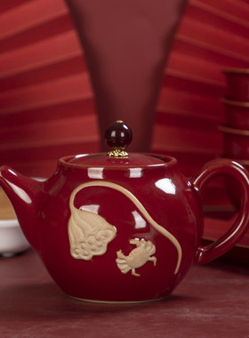 红色茶壶单个单壶陶瓷茶杯茶叶罐茶具配件中式结婚敬茶婚庆伴手礼