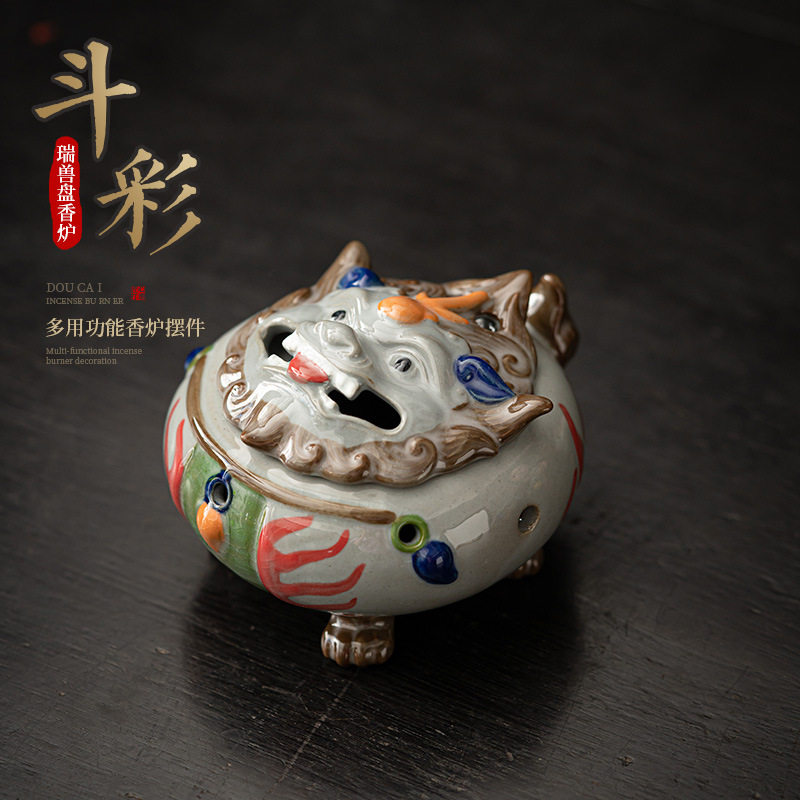 狻猊盘香炉创意仿古熏香薰炉禅意沉香盘香炉茶桌野外陶瓷檀香摆件