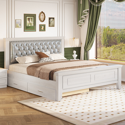 轻奢美式双人床现代简约1.8米实木床1.5主卧软包带抽屉加厚铺板床