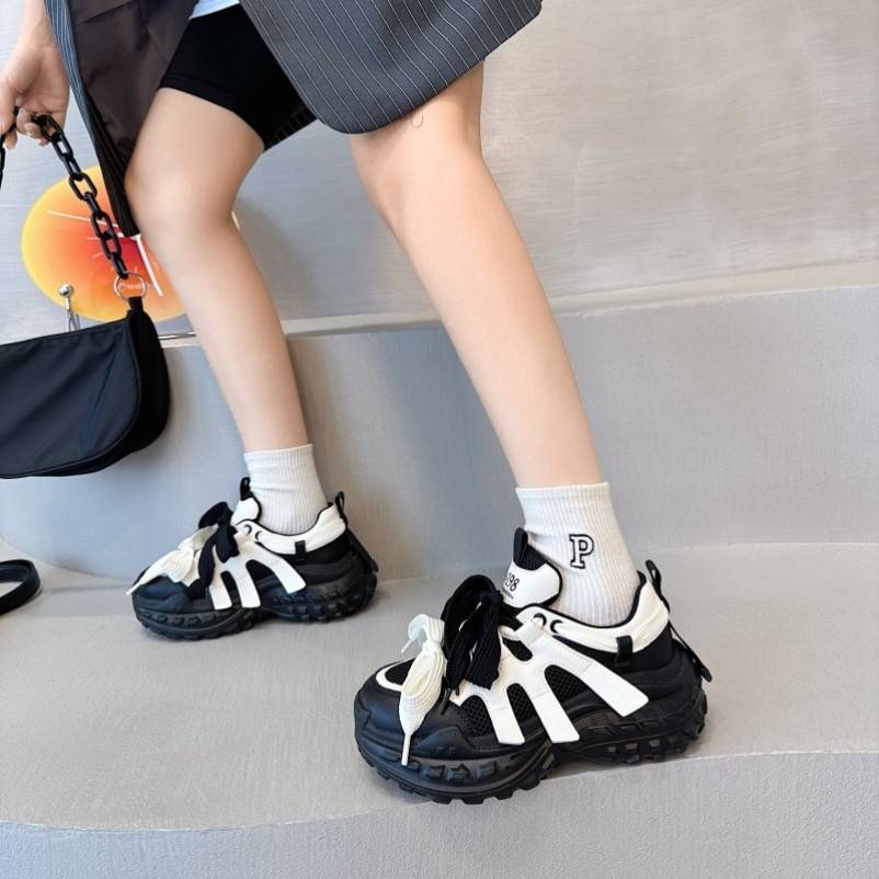 真皮老爹鞋女2023早秋新款松糕厚底蝴蝶结防滑透气运动休闲鞋ins