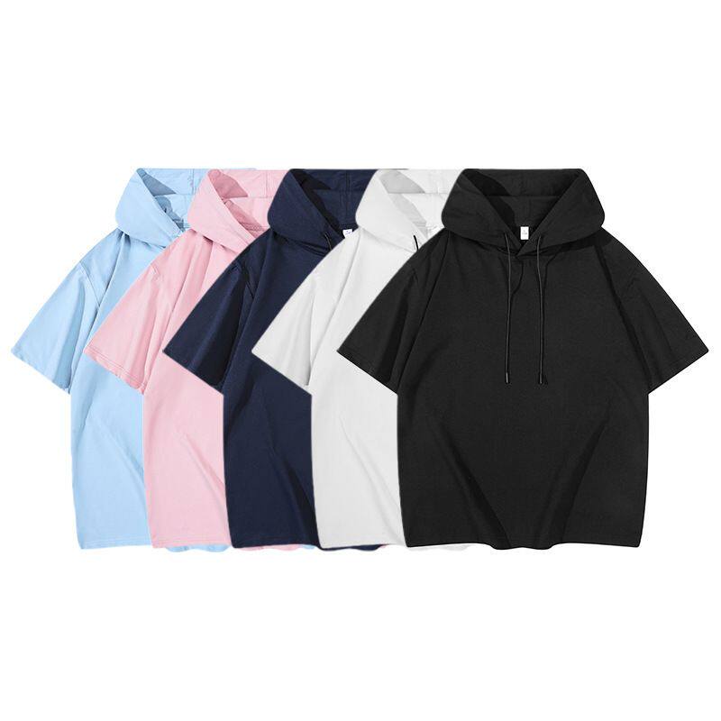 宽松连帽短袖卫衣夏季早秋中袖七分卫衣男运动帽衫上衣纯色潮流宽