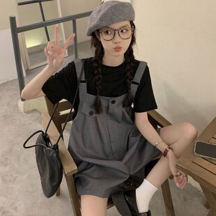 法式背带裤一整套短裤女夏季韩版显瘦时尚学生宽松休闲阔腿裤潮