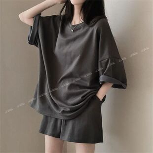 100%纯棉套装女运动休闲短裤纯色黑色两件韩版夏季短袖T恤中长款