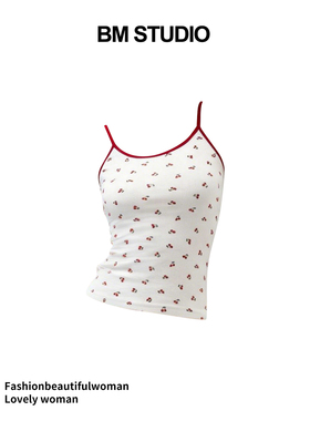 Brandygirl新款bm吊带背心樱桃碎花镂空修身显瘦百搭辣妹上衣女