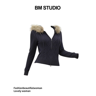 Brandyrgirl新款wm针织衫麻花拉链连帽毛领修身显瘦百搭毛衣上衣