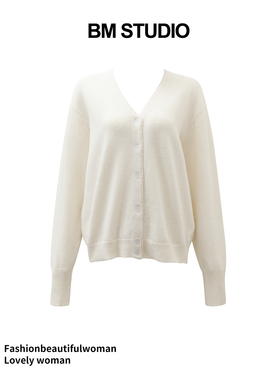 Brandygirl新款bm针织开衫美式白色V领宽松显瘦百搭毛衣外套上衣