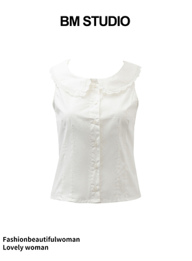 Brandygirl新款bm衬衫娃娃领白色蕾丝花边修身显瘦百搭无袖上衣女