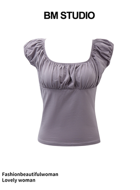 Brandy girl新款bm短袖T恤方领泡泡袖褶皱纯欲修身显瘦百搭上衣女