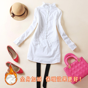 女式衬衣冬季新款韩版立领木耳边显瘦中长款加绒衬衫女款打底衬衣