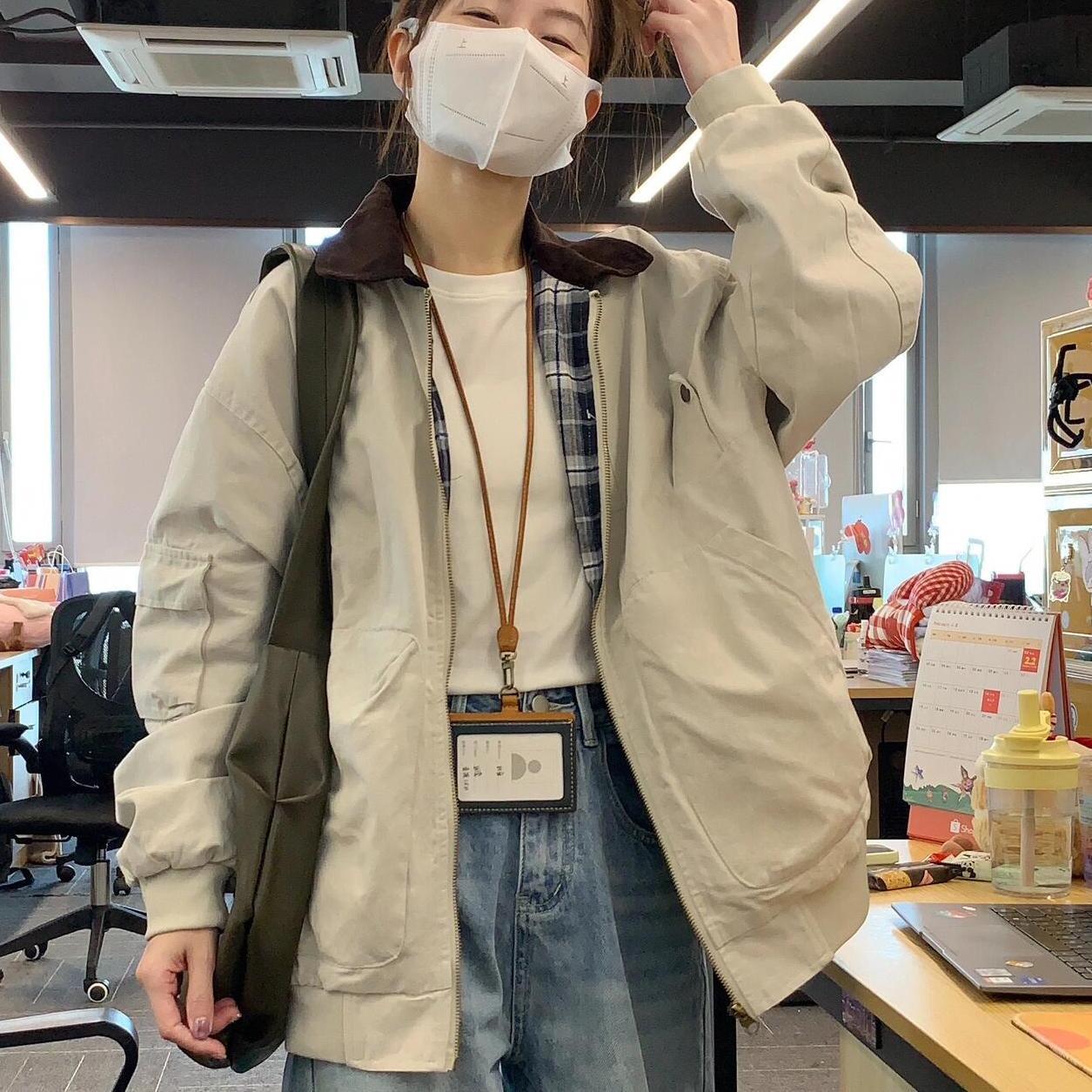 美式复古外套女2025春季新款小众高级感撞色翻领情侣飞行夹克上衣