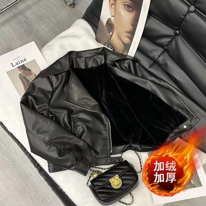 欧货皮衣外套女加绒秋季新款气质翻领小个子短款PU皮显瘦百搭夹克