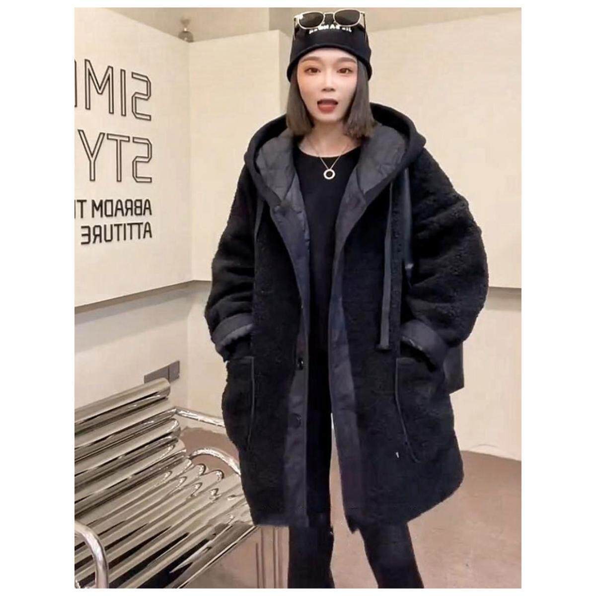 2024新款羊羔毛秋冬外套加厚中长款连帽假两件连帽宽松夹棉大衣女
