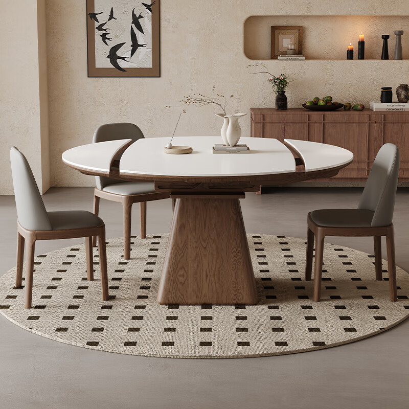 中古实木餐桌可伸缩岩板圆桌侘寂风方圆两用高档胡桃木色圆形饭桌