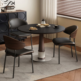 中古风胡桃木色圆形餐桌实木岩板饭桌家用小户型北欧复古咖啡厅桌