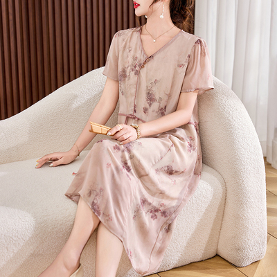 中年妈妈夏装雪纺连衣裙2025新款中老年女装夏季气质国风短袖裙子