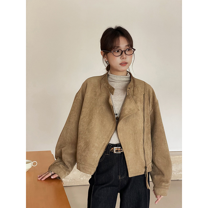 【麂棕漫迹】美式仿麂皮绒侧拉链短款外套女秋季机车服N429C