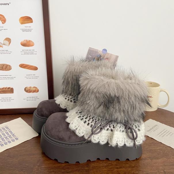 新款灰色厚底费尔岛雪地靴女款冬季小个子增高保暖棉靴子毛毛短靴