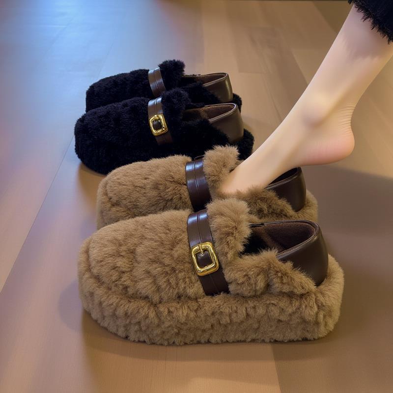 羊羔绒厚底毛毛鞋女秋冬新款懒人一脚蹬黑色毛茸茸豆豆鞋增高棉鞋
