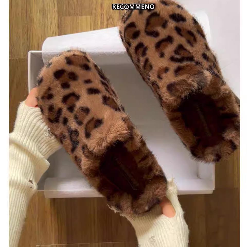 豹纹厚底加绒包头毛毛拖鞋女外穿2025秋冬新款懒人一脚蹬保暖棉拖