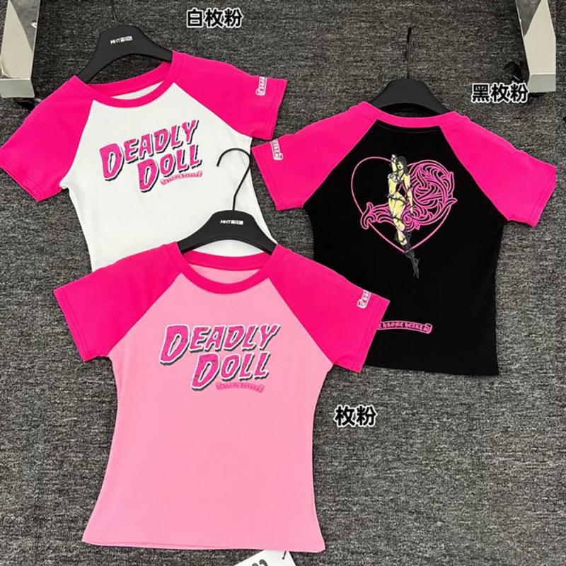 thumbnail for 2025 summer new beautiful girl contrast raglan print short-sleeved T-shirt women's slim slim hot girl top